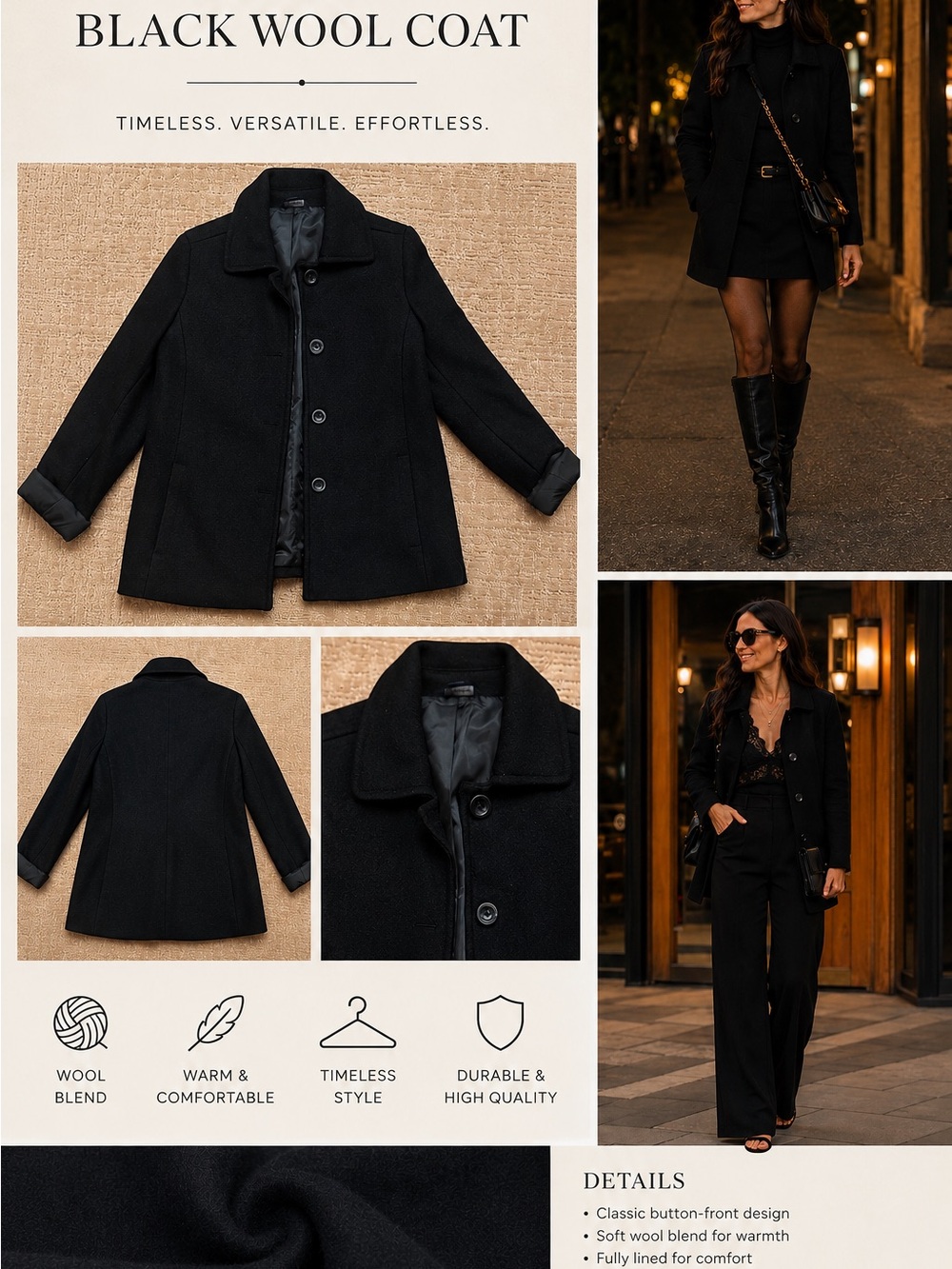 Classic Black Wool Blend Women’s Coat